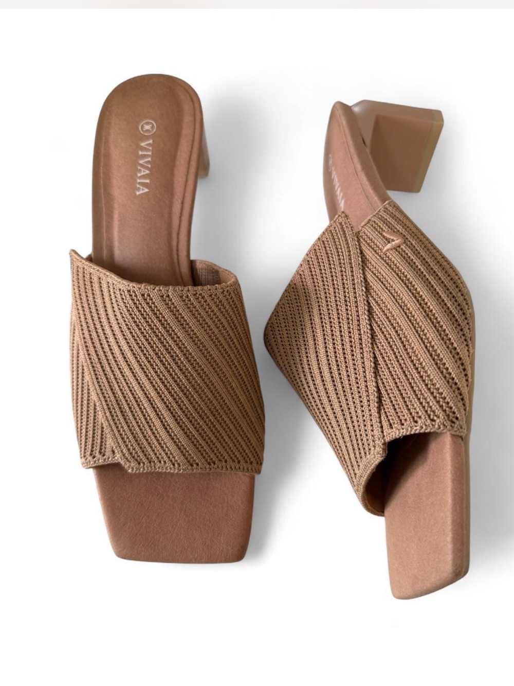 VIVAIA Aimee Square Toe Knit Crossover Block Heel Slide Mules Neutral Size 38